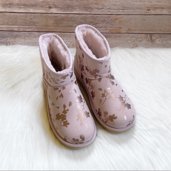 UGG Classic Mini Floral Foil Seashell Pink Boots - Picture 2 of 10